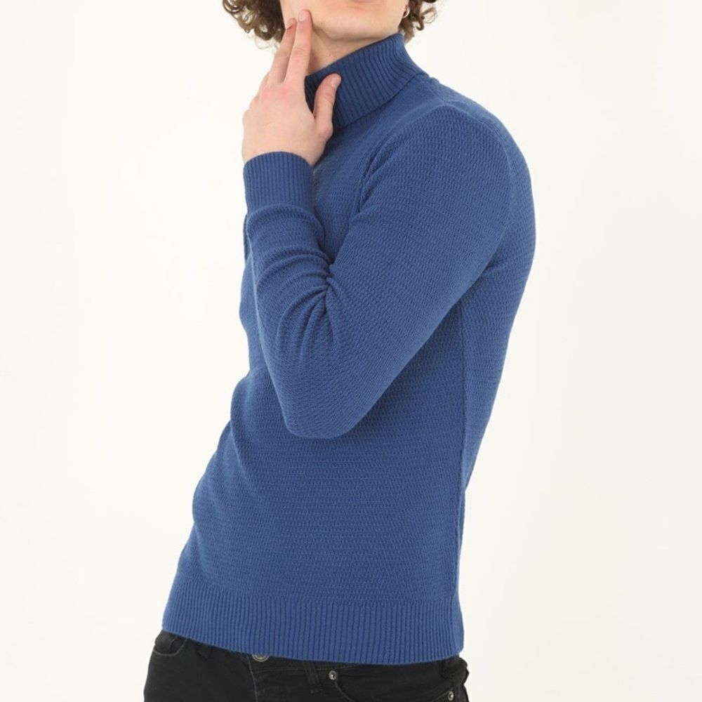 Magaschoni Man Virgin Wool Turtleneck Ribbed Knit Sweater In Blue Size S